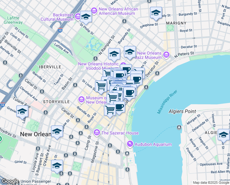 map of restaurants, bars, coffee shops, grocery stores, and more near in New Orleans