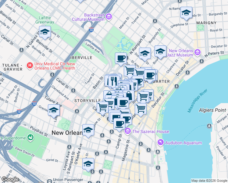 map of restaurants, bars, coffee shops, grocery stores, and more near 932 Conti Street in New Orleans