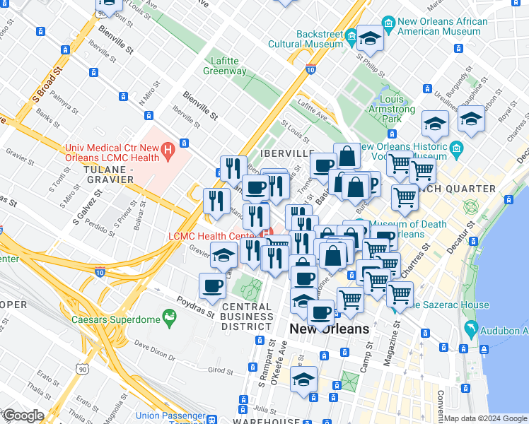 map of restaurants, bars, coffee shops, grocery stores, and more near 131 South Liberty Street in New Orleans