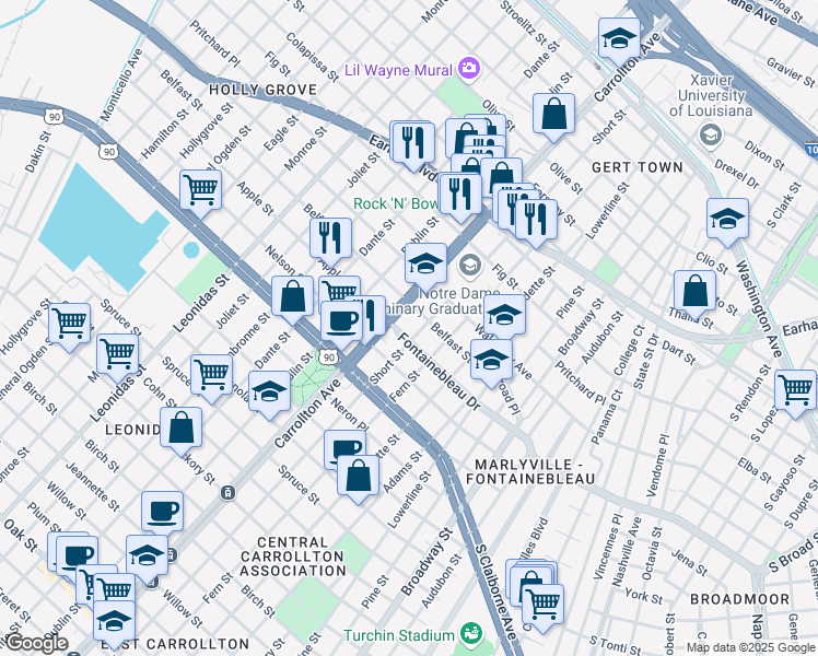 map of restaurants, bars, coffee shops, grocery stores, and more near 2520 Short Street in New Orleans