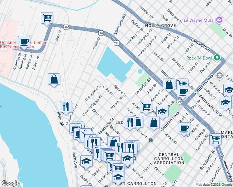 map of restaurants, bars, coffee shops, grocery stores, and more near 1738 Leonidas Street in New Orleans