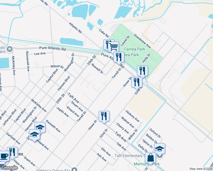 map of restaurants, bars, coffee shops, grocery stores, and more near 7079 Howe Street in Groves