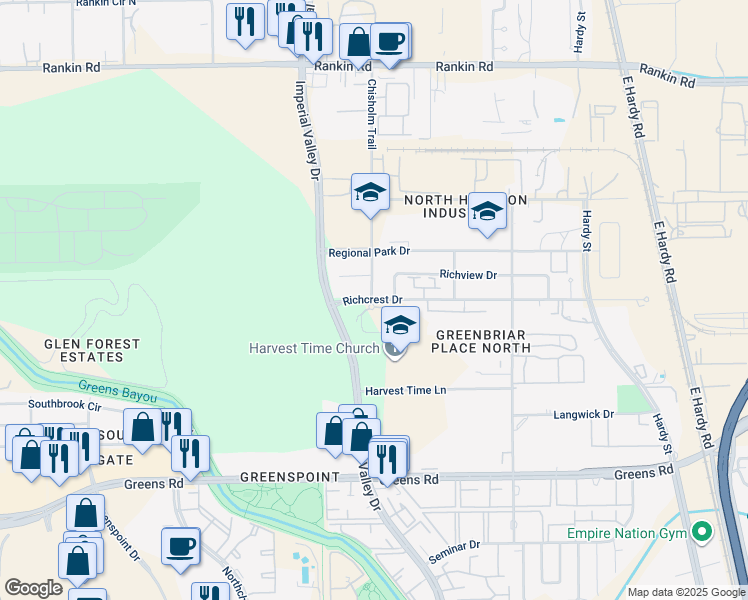 map of restaurants, bars, coffee shops, grocery stores, and more near 540 Richcrest Drive in Houston