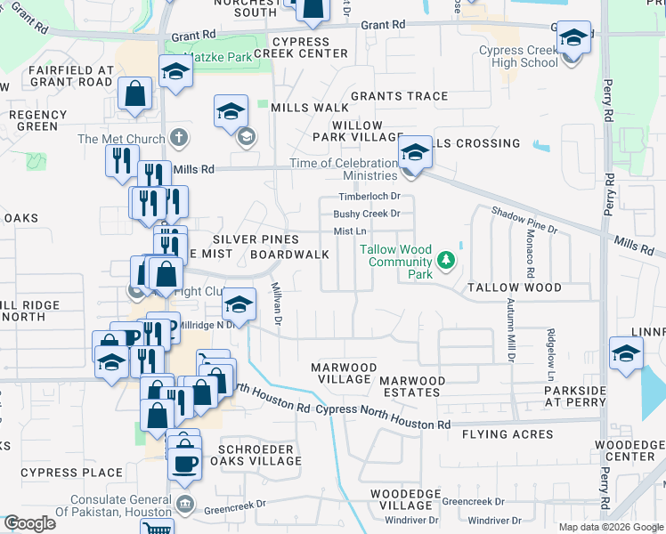 map of restaurants, bars, coffee shops, grocery stores, and more near 12627 Duchess Lane in Houston