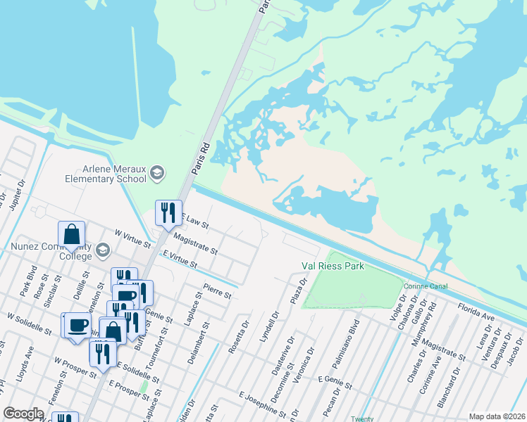 map of restaurants, bars, coffee shops, grocery stores, and more near Forty Arpent Canal Road in Chalmette