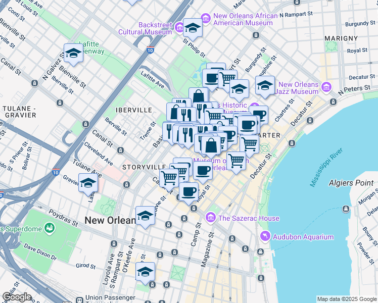 map of restaurants, bars, coffee shops, grocery stores, and more near 932 Conti Street in New Orleans