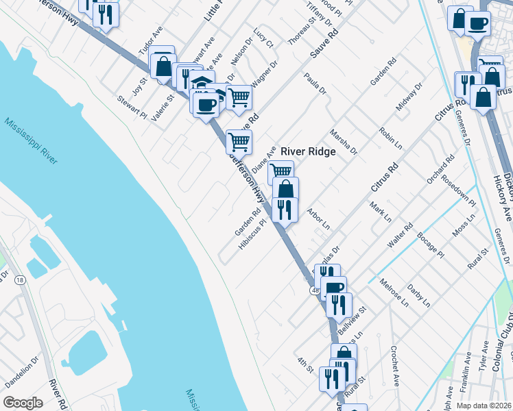 map of restaurants, bars, coffee shops, grocery stores, and more near 9807 Jefferson Highway in River Ridge