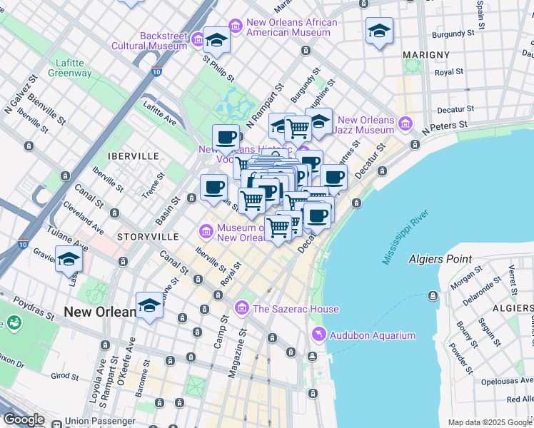 map of restaurants, bars, coffee shops, grocery stores, and more near 533 Royal Street in New Orleans