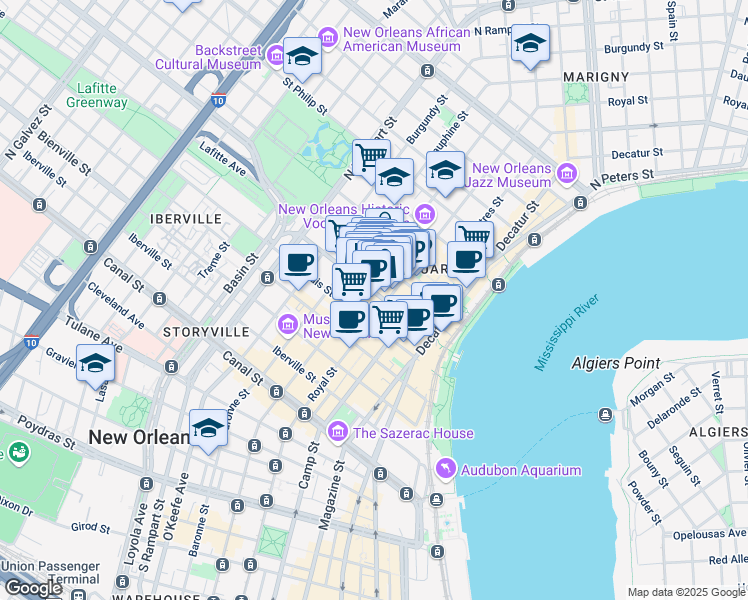 map of restaurants, bars, coffee shops, grocery stores, and more near 533 Royal Street in New Orleans