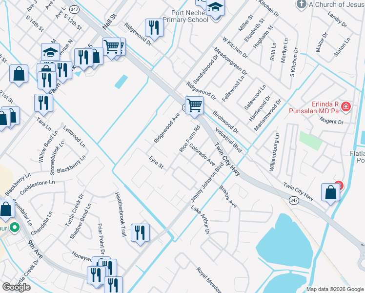 map of restaurants, bars, coffee shops, grocery stores, and more near 4637 Rice Farm Road in Port Arthur
