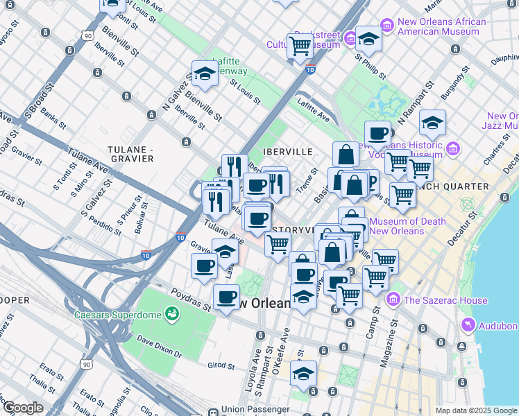 map of restaurants, bars, coffee shops, grocery stores, and more near 1500 Canal Street in New Orleans
