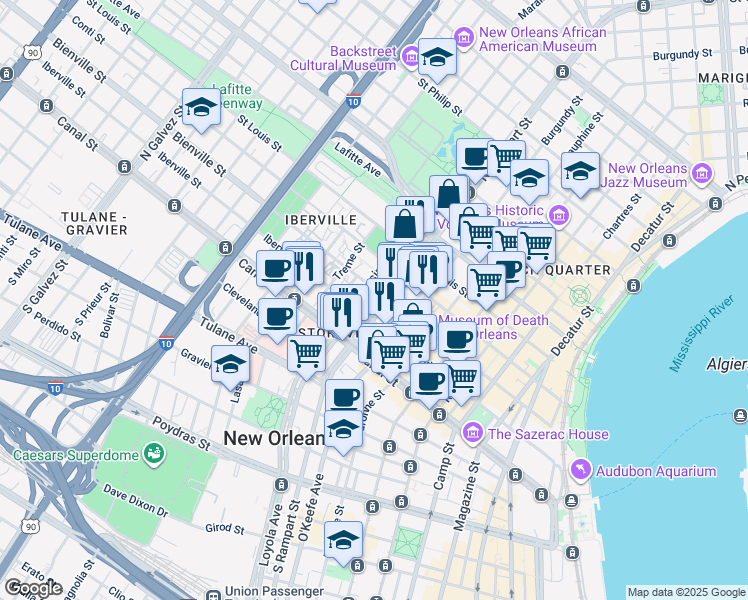 map of restaurants, bars, coffee shops, grocery stores, and more near in New Orleans
