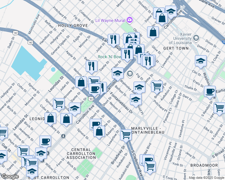 map of restaurants, bars, coffee shops, grocery stores, and more near 2622 South Carrollton Avenue in New Orleans