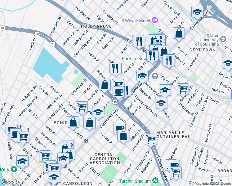 map of restaurants, bars, coffee shops, grocery stores, and more near 8238 Nelson Street in New Orleans