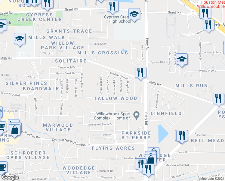 map of restaurants, bars, coffee shops, grocery stores, and more near 12711 Monaco Road in Houston