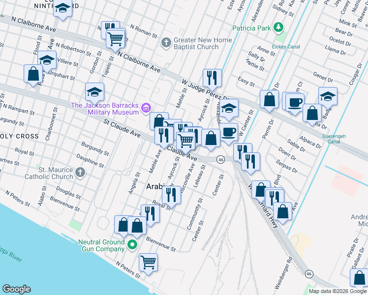 map of restaurants, bars, coffee shops, grocery stores, and more near 6901 Saint Claude Avenue in Arabi