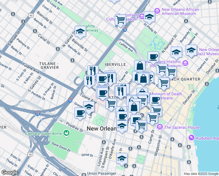 map of restaurants, bars, coffee shops, grocery stores, and more near 1441 Canal Street in New Orleans