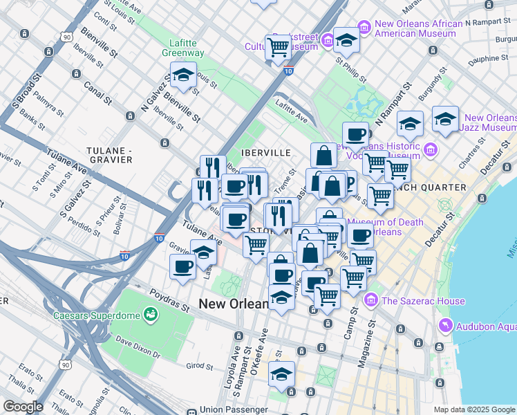 map of restaurants, bars, coffee shops, grocery stores, and more near 125 Marais Street in New Orleans
