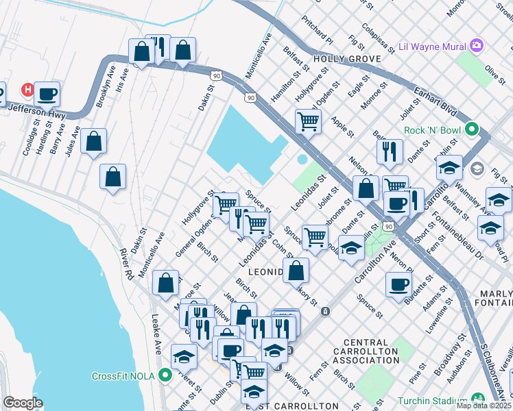 map of restaurants, bars, coffee shops, grocery stores, and more near 8726 Spruce Street in New Orleans