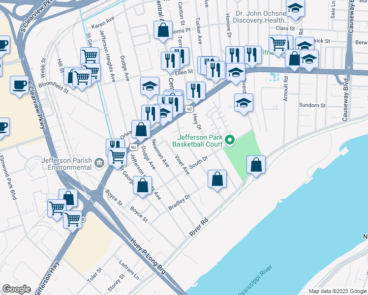 map of restaurants, bars, coffee shops, grocery stores, and more near 401 Central Avenue in Jefferson