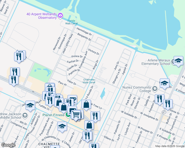 map of restaurants, bars, coffee shops, grocery stores, and more near 3705 Kings Drive in Chalmette