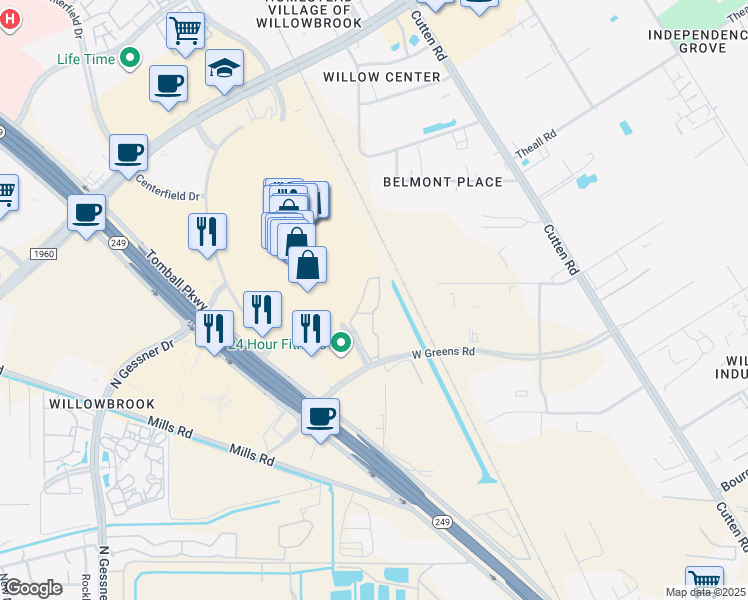 map of restaurants, bars, coffee shops, grocery stores, and more near Willowbrook Dr in Houston