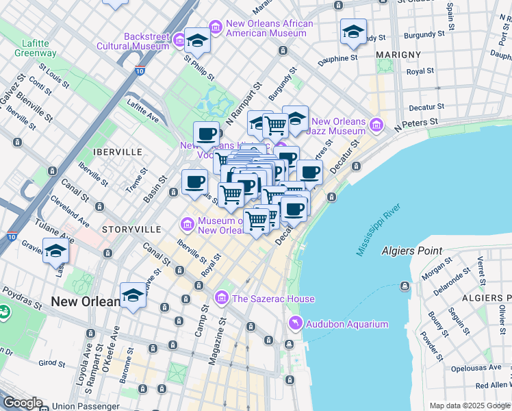 map of restaurants, bars, coffee shops, grocery stores, and more near in New Orleans