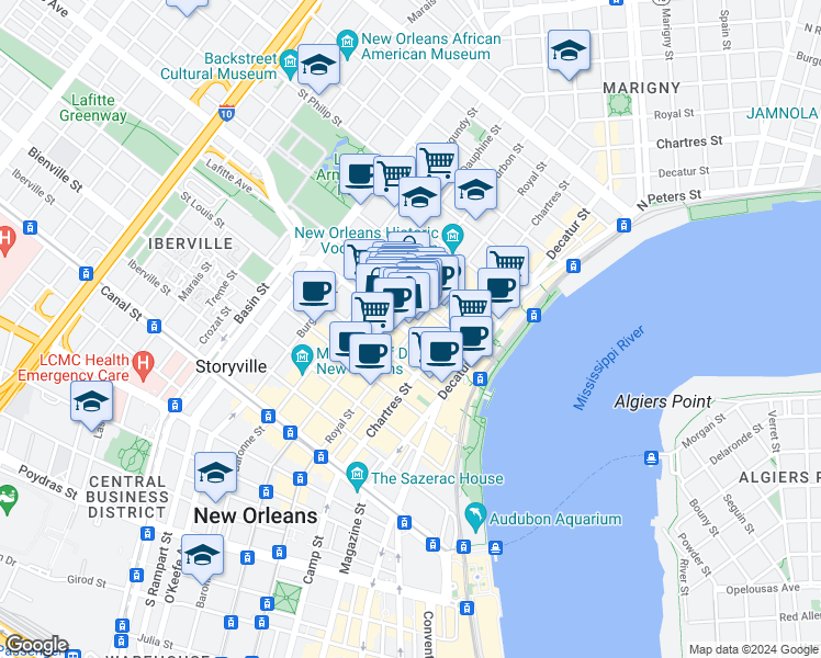 map of restaurants, bars, coffee shops, grocery stores, and more near in New Orleans