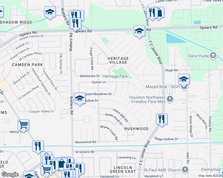 map of restaurants, bars, coffee shops, grocery stores, and more near 2403 Quiver Lane in Houston