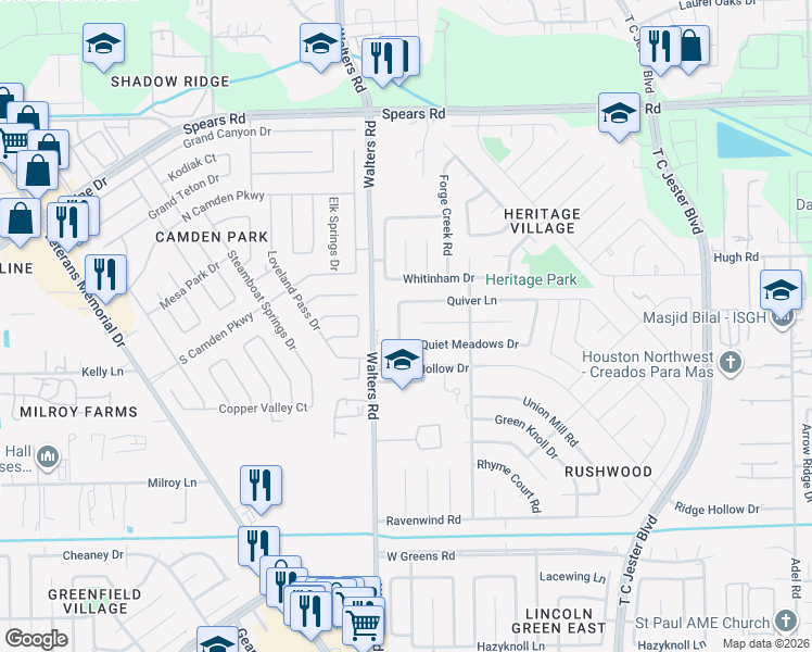 map of restaurants, bars, coffee shops, grocery stores, and more near 2803 Quiver Lane in Houston