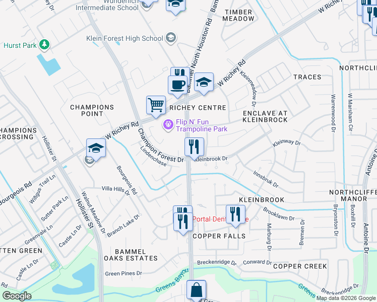 map of restaurants, bars, coffee shops, grocery stores, and more near 12311 Bammel North Houston Road in Houston