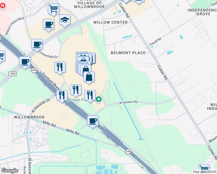 map of restaurants, bars, coffee shops, grocery stores, and more near Willowbrook Dr in Houston