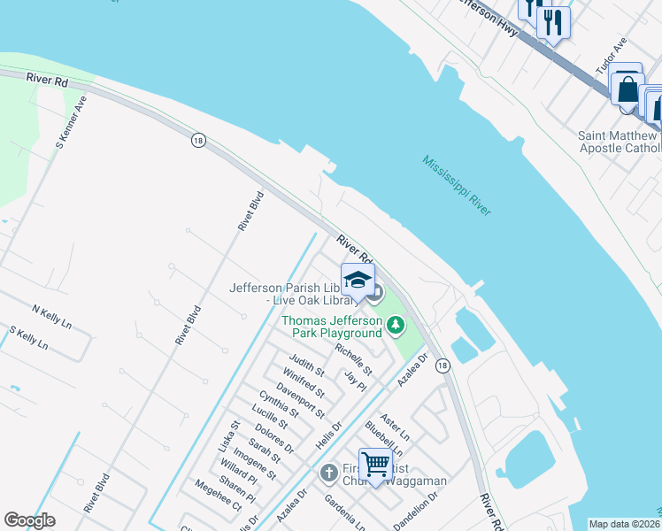 map of restaurants, bars, coffee shops, grocery stores, and more near 100 Rusty Road in Westwego