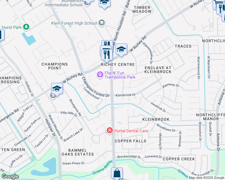 map of restaurants, bars, coffee shops, grocery stores, and more near 12311 Bammel North Houston Road in Houston