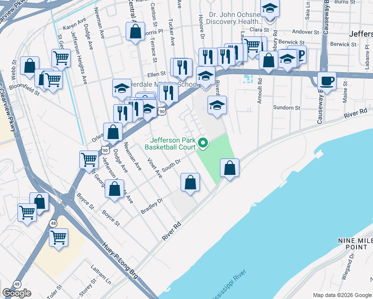 map of restaurants, bars, coffee shops, grocery stores, and more near 401 Audubon Trace in Jefferson