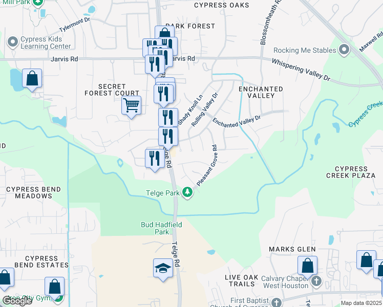 map of restaurants, bars, coffee shops, grocery stores, and more near 12603 Rolling Valley Drive in Cypress