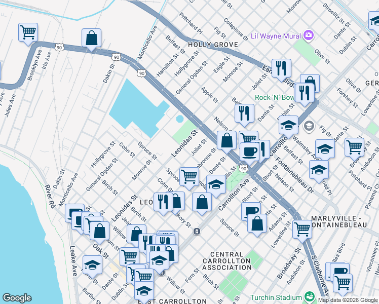 map of restaurants, bars, coffee shops, grocery stores, and more near 2209 Leonidas Street in New Orleans