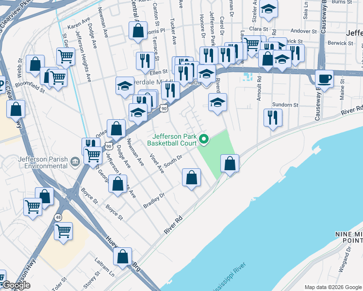 map of restaurants, bars, coffee shops, grocery stores, and more near 330 Highway Drive in Jefferson