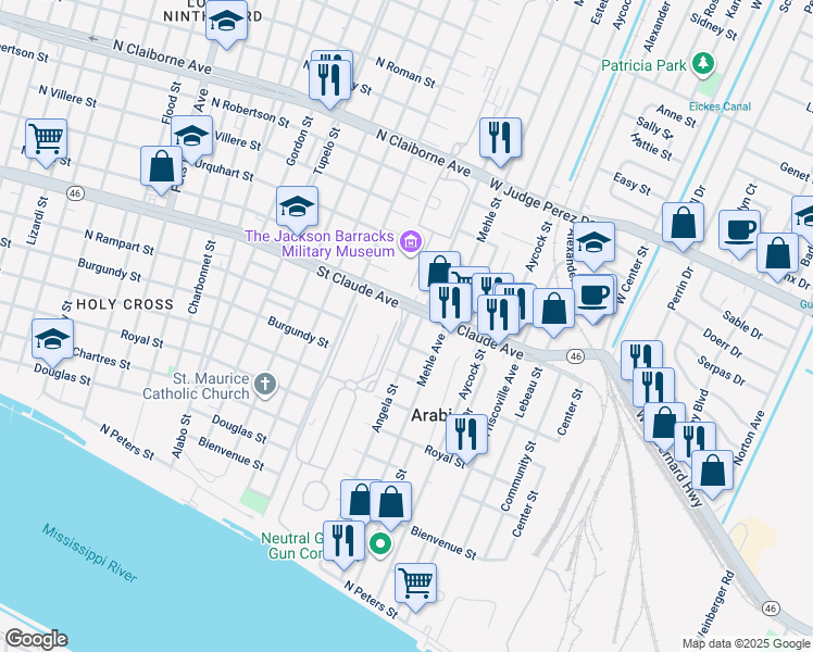 map of restaurants, bars, coffee shops, grocery stores, and more near 1015 Government Street in Arabi