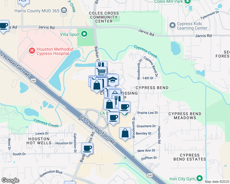 map of restaurants, bars, coffee shops, grocery stores, and more near 16555 Dundee Road in Cypress