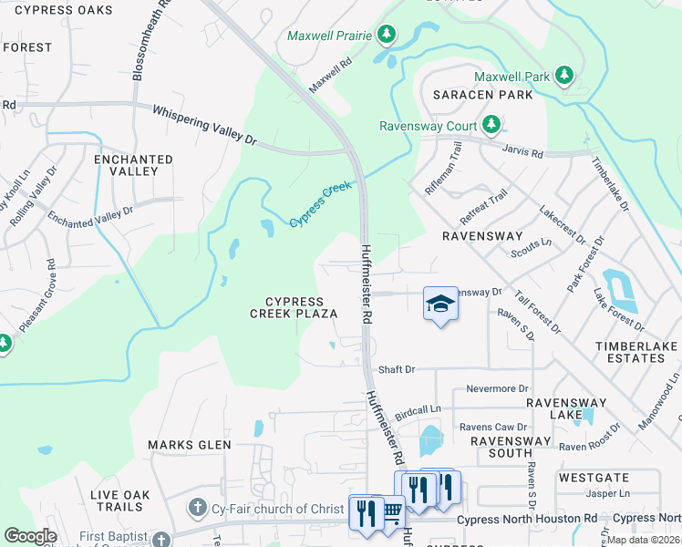 map of restaurants, bars, coffee shops, grocery stores, and more near 12703 Huffmeister Road in Cypress