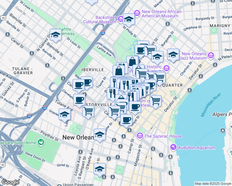 map of restaurants, bars, coffee shops, grocery stores, and more near 340 North Rampart Street in New Orleans