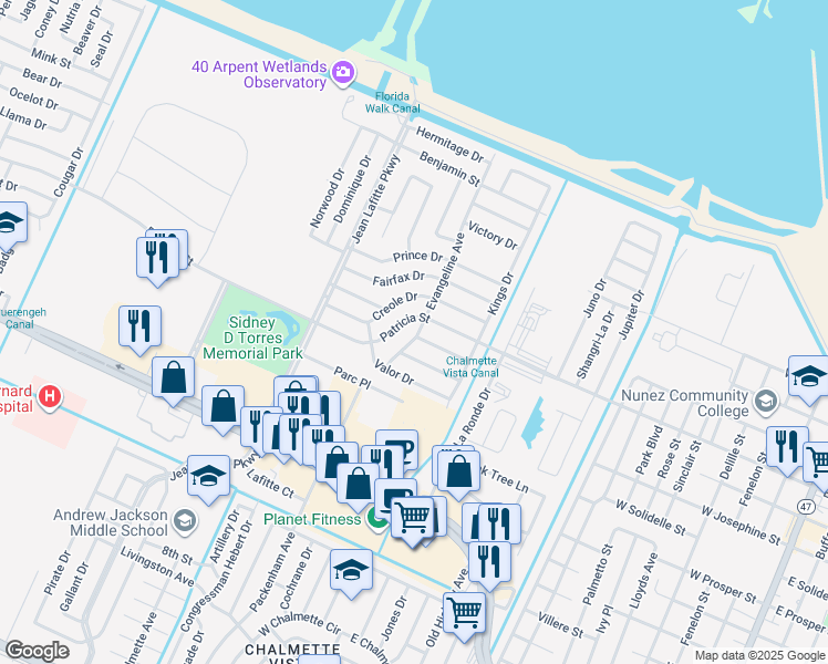 map of restaurants, bars, coffee shops, grocery stores, and more near 8436 Patricia Street in Chalmette