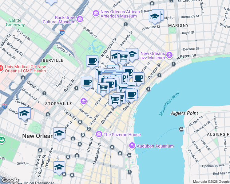 map of restaurants, bars, coffee shops, grocery stores, and more near in New Orleans