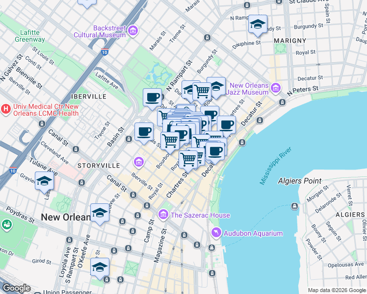 map of restaurants, bars, coffee shops, grocery stores, and more near in New Orleans