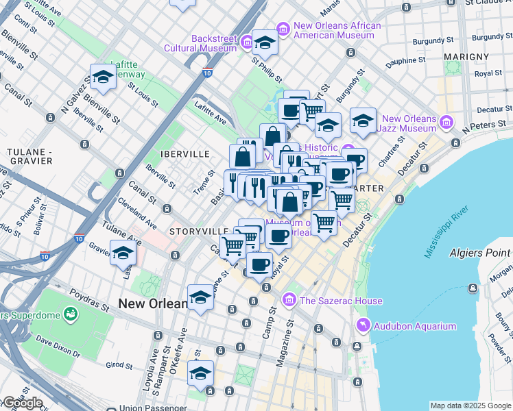 map of restaurants, bars, coffee shops, grocery stores, and more near 430 Burgundy Street in New Orleans