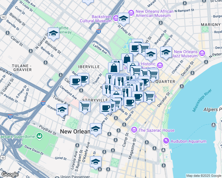 map of restaurants, bars, coffee shops, grocery stores, and more near 340 North Rampart Street in New Orleans