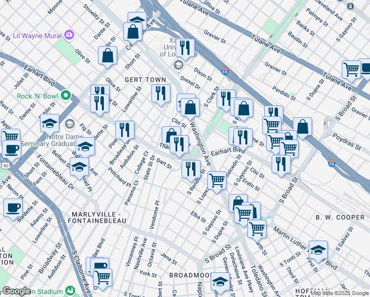 map of restaurants, bars, coffee shops, grocery stores, and more near 1199 South Norman C Francis Parkway in New Orleans