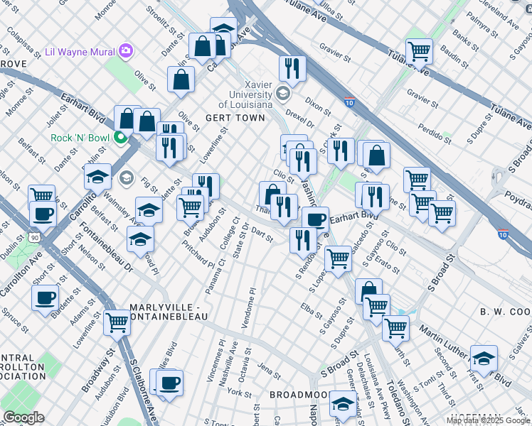 map of restaurants, bars, coffee shops, grocery stores, and more near 1316 South Genois Street in New Orleans
