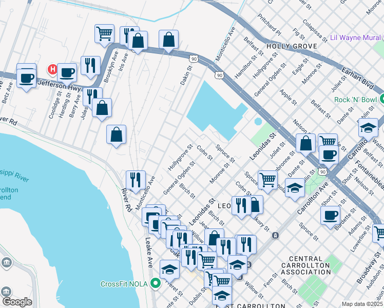 map of restaurants, bars, coffee shops, grocery stores, and more near 1825 Hollygrove Street in New Orleans
